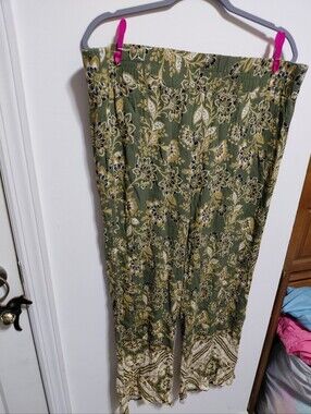 Zac & Rachel Olive Green Floral Wide-Leg Pull-On Pants